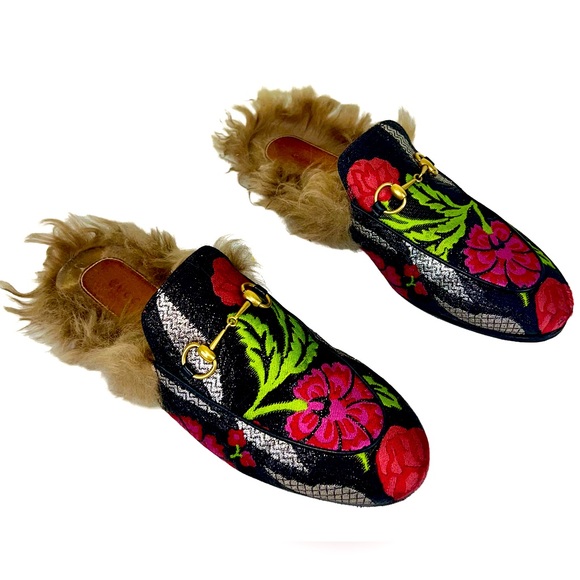 GUCCI PRINCETOWN TAPESTRY BROCADE FUR FLORAL MULE SLIPPERS - Picture 1 of 7